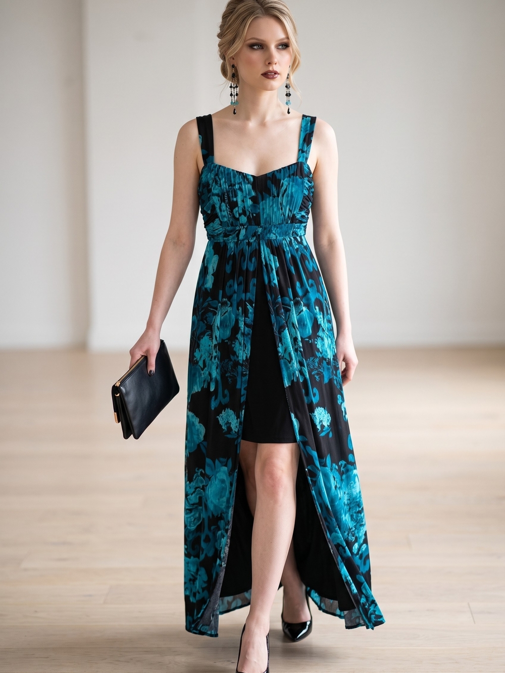 connected apparel Teal and Black Floral Maxi Dress with Front Panel